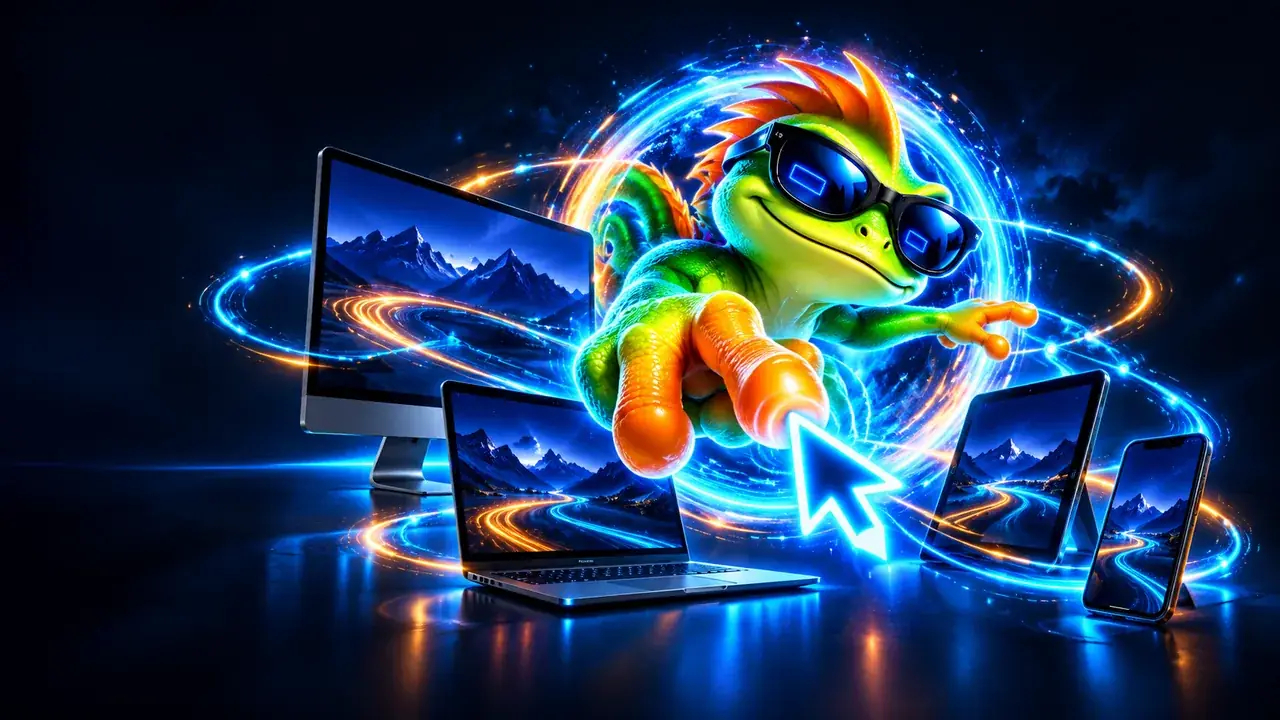 Zook le lézard qui clique d’un portable à un moniteur, une tablette et un téléphone reliés par la lumière