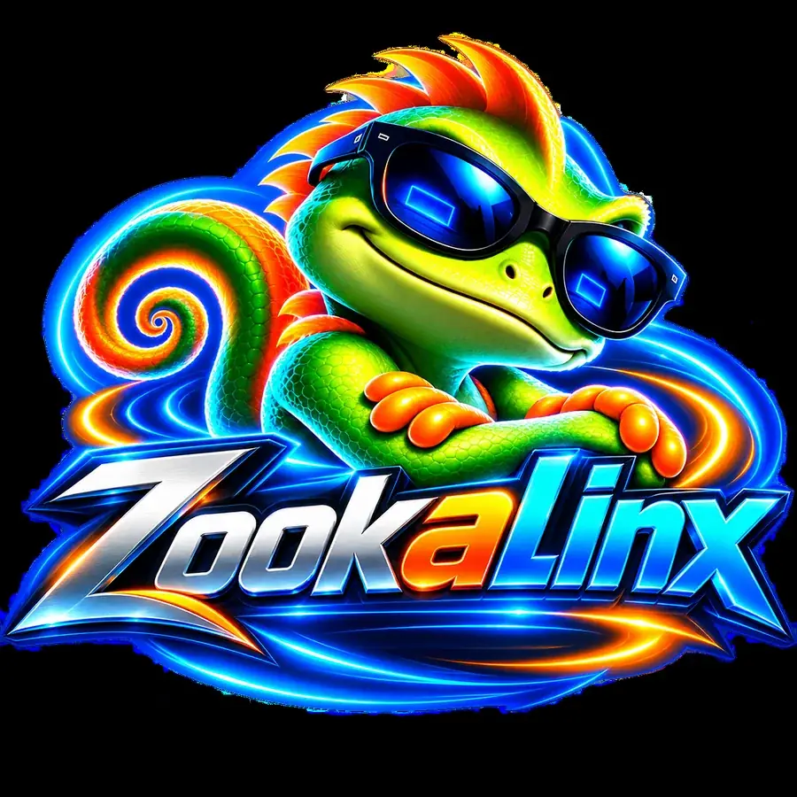 Zook, le lézard de ZookaLinx à lunettes de soleil, appuyé sur le logo ZookaLinx